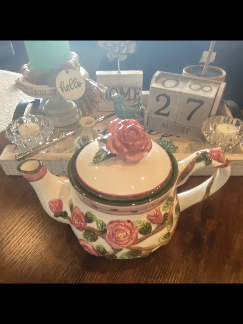Hand-Painted Rose Ceramic/Porcelain Teapot in Pink and Green